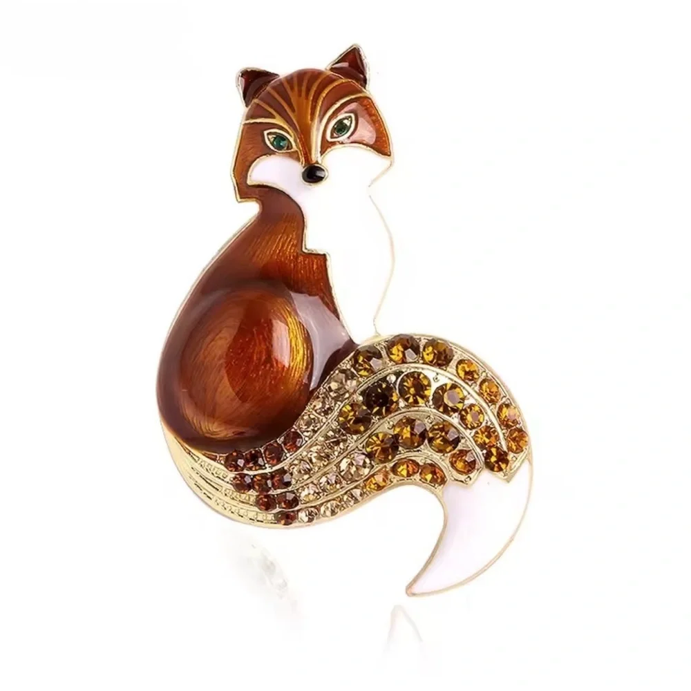 Brown & White Fox Enamel and Crystal Brooch